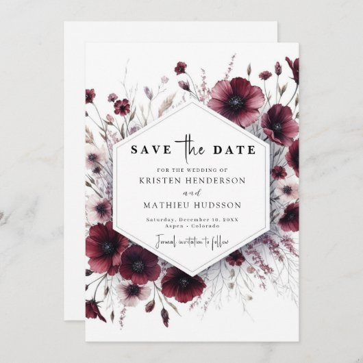 Stilvolle, einzigartige Burgundy Wedding Save The Date (Vorne/Hinten)