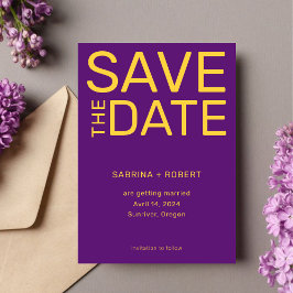 Stilvolle, einzigartige Lila- und gelbe Typografie Save The Date