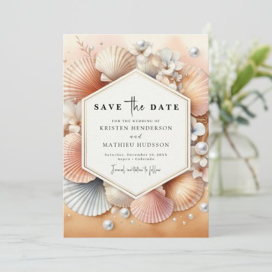 Stilvolle, einzigartige Strandhochzeit Save The Date (Stehend Vorderseite)