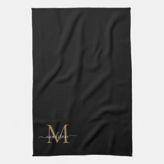 Stilvolle Elegant Black Gold Monogram Script Name Geschirrtuch (Vertikal)