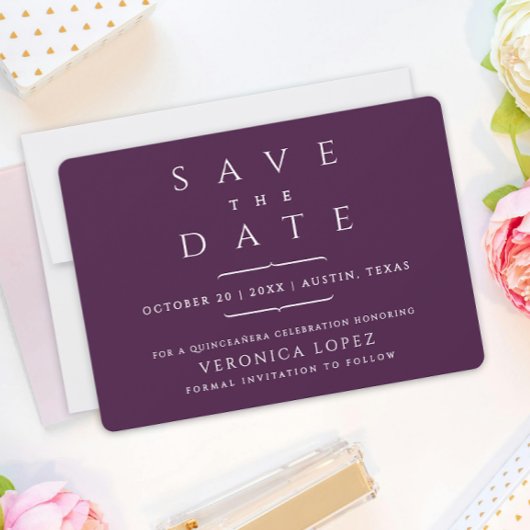 Stilvolle Elegant Classic Dark Lila Quinceñera Save The Date