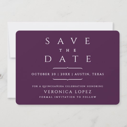 Stilvolle Elegant Classic Dark Lila Quinceñera Save The Date (Vorderseite)
