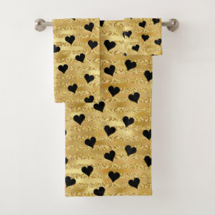 Stilvolle Elegant Gold Glitzer Black Hearts Muster Badhandtuch Set