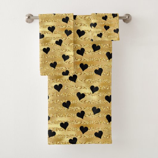 Stilvolle Elegant Gold Glitzer Black Hearts Muster Badhandtuch Set (Insitu)