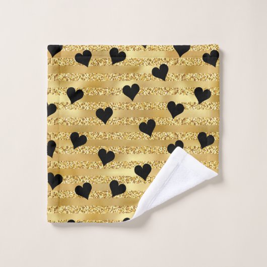 Stilvolle Elegant Gold Glitzer Black Hearts Muster Badhandtuch Set (Waschlappen)