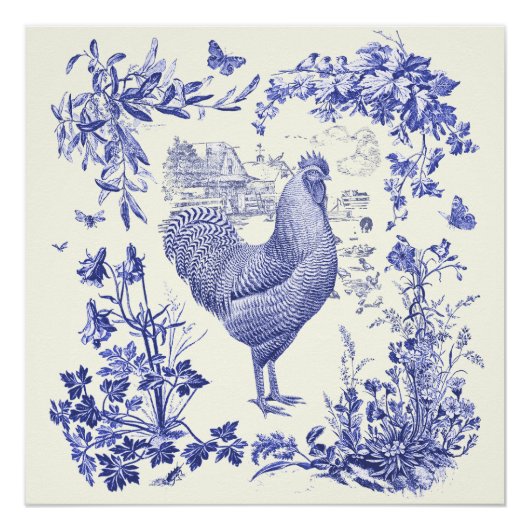 Stilvolle Elegant Vintag Rooster Blaues Blumenmuse Poster (Vorderseite)