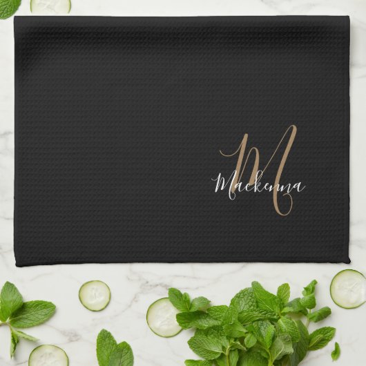 Stilvolle, elegante Schwarz-Gold-Script-Name Monog Geschirrtuch (Gefaltet)