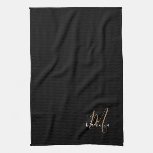 Stilvolle, elegante Schwarz-Gold-Script-Name Monog Geschirrtuch (Vertikal)