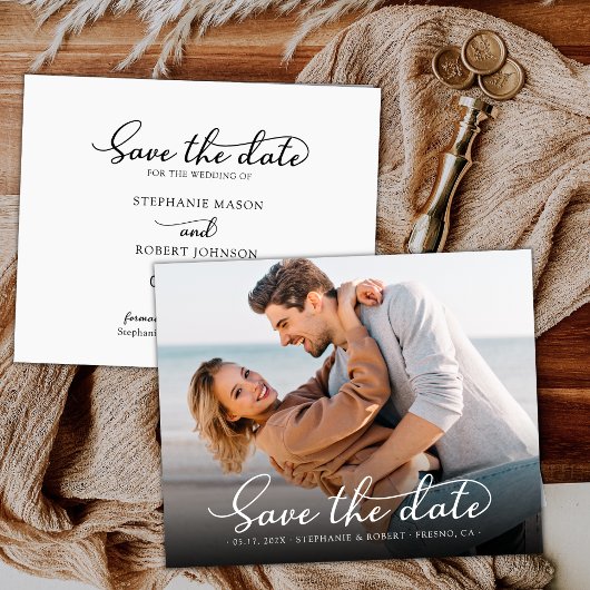 Stilvolle, elegante Script-Foto-Hochzeit Save The Date