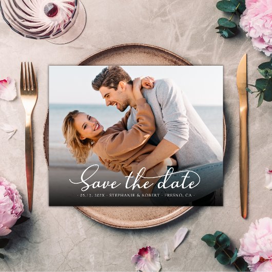 Stilvolle, elegante Script-Foto-Hochzeit Save The Date