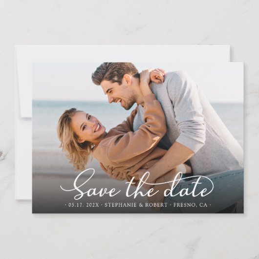 Stilvolle, elegante Script-Foto-Hochzeit Save The Date (Vorderseite)