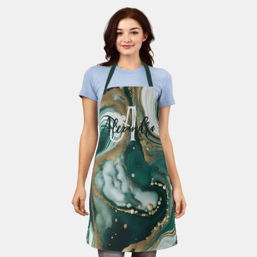 Stilvolle Emerald Green Gold Accents Name & Monogr Schürze (Getragen)