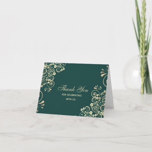 Stilvolle Emerald Green Gold Swirl Wedding Vielen Dankeskarte (Vorderseite)