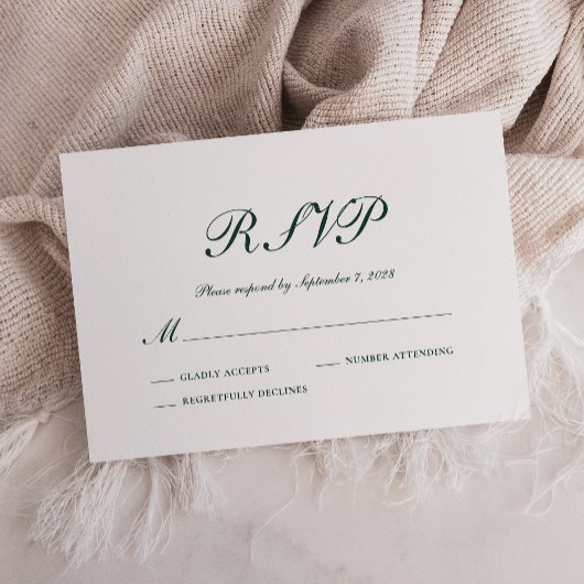 Stilvolle Emerald Green und White Wedding RSVP Karte