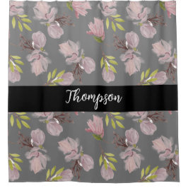 Stilvolle Familienname Rosa Flora grau und schwarz Duschvorhang