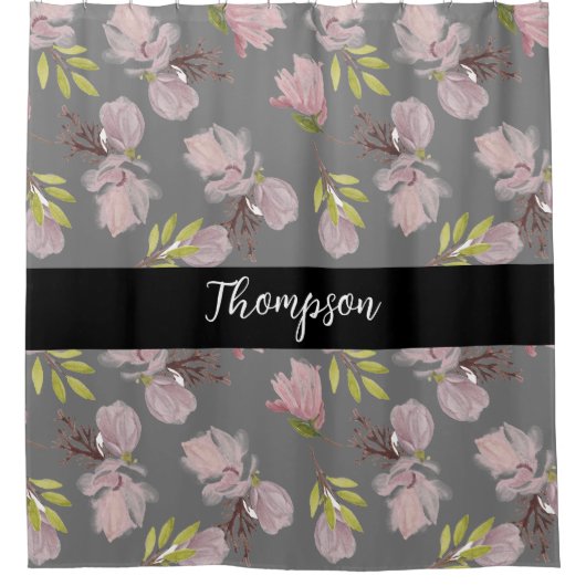 Stilvolle Familienname Rosa Flora grau und schwarz Duschvorhang (Vorderseite)