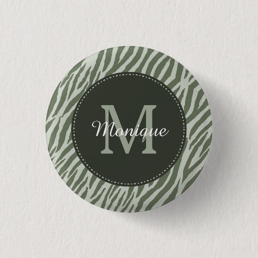 Stilvolle Farbe Grün Zebra Print Monogram und Name Button (Vorderseite)