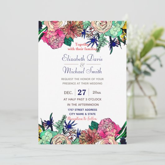 Stilvolle Farbenflorale Bouquet Design Einladung (Stehend Vorderseite)