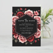Stilvolle Floral Crimson Red Wedding Save The Date (Stehend Vorderseite)
