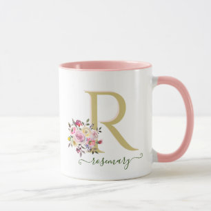 Stilvolle Floral Gold Pink Custom Monogram Name    Tasse