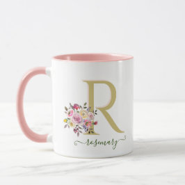Stilvolle Floral Gold Pink IHRE Monogrammbezeichnu Tasse