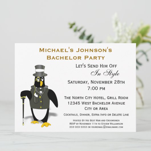 Stilvolle Formal Tuxedo Pinguin Bachelor Party Einladung (Stehend Vorderseite)