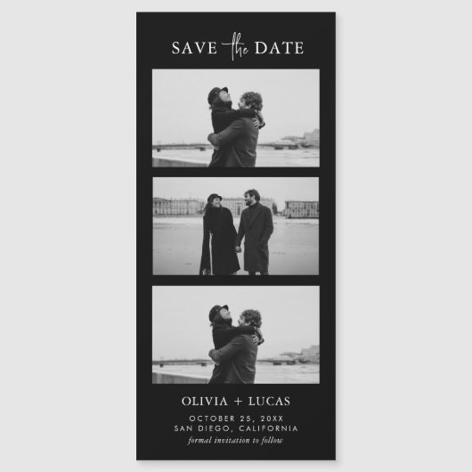 Stilvolle Foto Strip Black Magnetic Wedding Magnetkarte (Vorderseite)