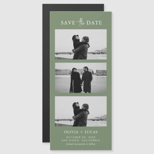 Stilvolle Foto Strip Sage Green Magnetic Wedding Magnetkarte (Vorne/Hinten)