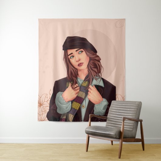 Stilvolle Frau in Beret, farbenfrohe Skarabäerin I Wandteppich (Beispiel)