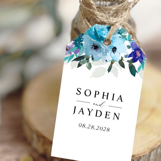 Stilvolle Frühlingsblauen lila Blumenhochzeit Geschenkanhänger