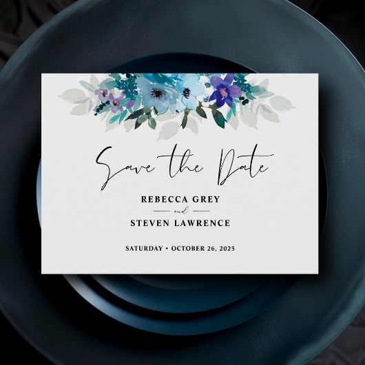 Stilvolle Frühlingsblauen lila Blumenhochzeit Save The Date