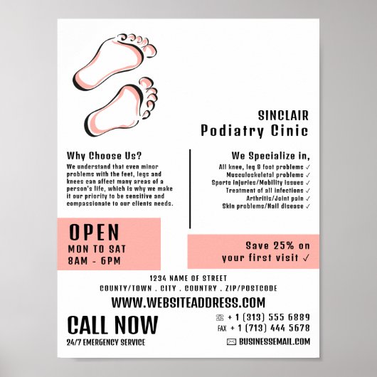 Stilvolle Fußabdrücke, Podiatrie-Klinik, Podiatris Poster (Vorne)