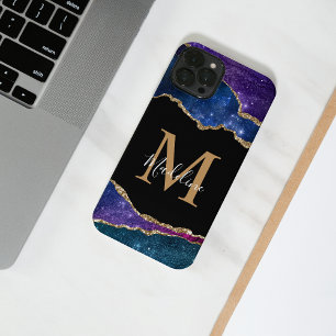 Stilvolle Galaxy Gold Agate Geode Monogram iPhone 14 Hülle