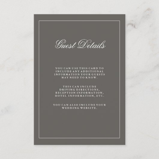 Stilvolle Gästebuchinformationen aus Dark Gray Wed Begleitkarte (Vorderseite)
