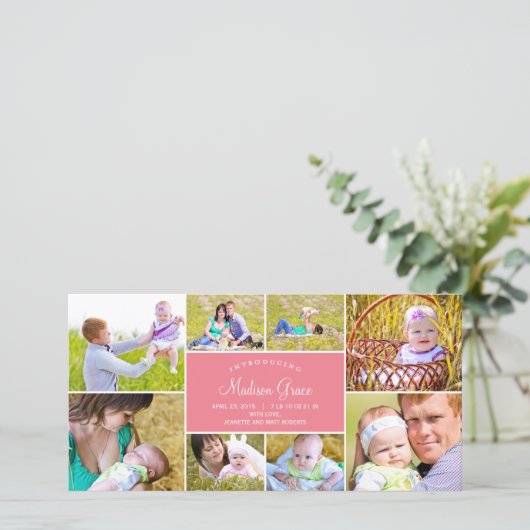 Stilvolle Geburtserklärung von Collage - Rosa Ankündigung (Stehend Vorderseite)