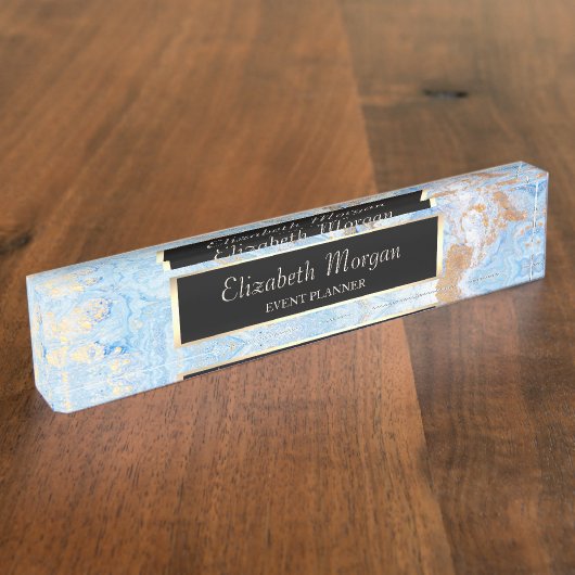 Stilvolle geometrische blaue goldene Marmor, Rahme Namensplakette (Seite)