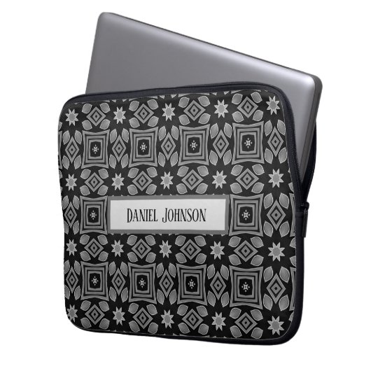 Stilvolle geometrische Schwarz-Grau-Laptop-Schnürs Laptopschutzhülle (Vorderseite Links)