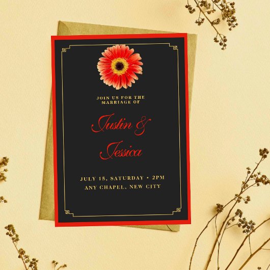 Stilvolle Gerbera Daisy Red and Gold Accents Weddi Einladung