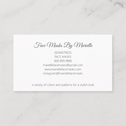 Stilvolle Gesichtsmaske Designer Seamstress Visitenkarte (Rückseite)