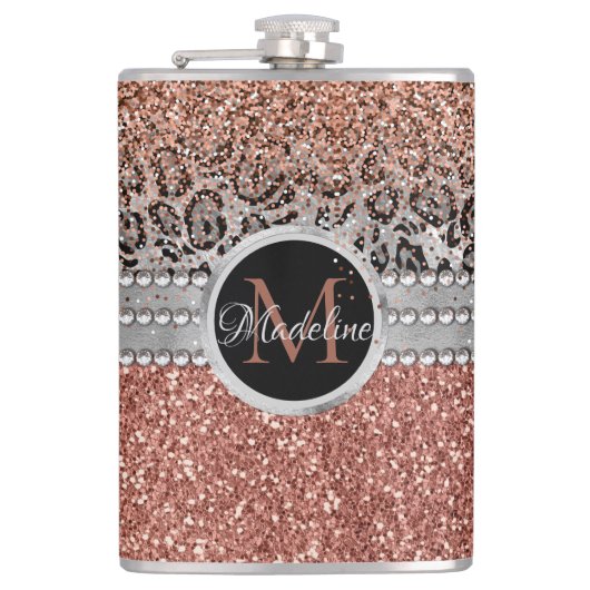 Stilvolle Girly Rose Gold Glitzer Leopard Monogram Flachmann (Vorderseite)