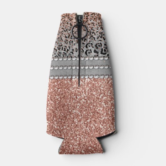 Stilvolle Girly Rose Gold Glitzer Leopard Monogram Flaschenkühler (Rückseite)