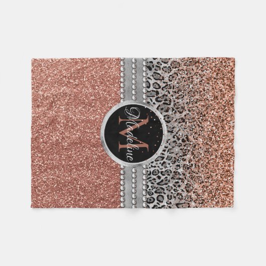 Stilvolle Girly Rose Gold Glitzer Leopard Monogram Fleecedecke (Vorderseite (Horizontal))