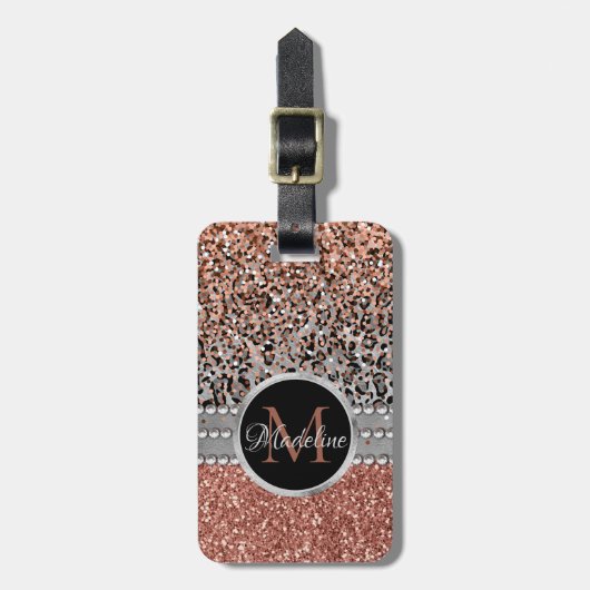 Stilvolle Girly Rose Gold Glitzer Leopard Monogram Gepäckanhänger (Vorderseite vertikal)