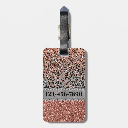 Stilvolle Girly Rose Gold Glitzer Leopard Monogram Gepäckanhänger (Rückseite vertikal)