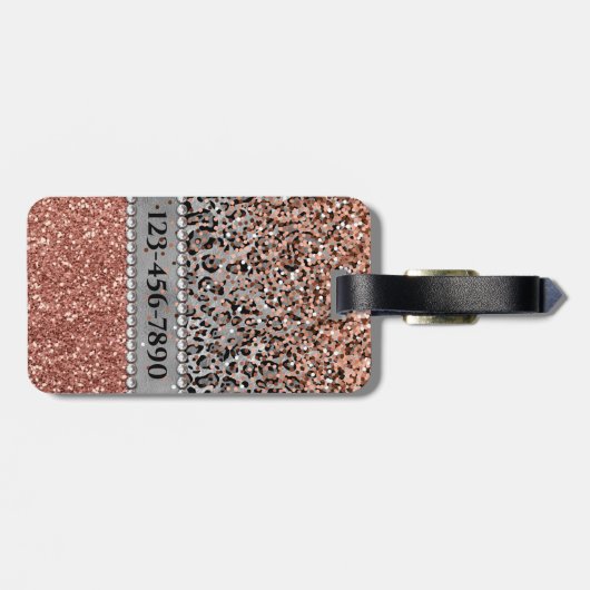 Stilvolle Girly Rose Gold Glitzer Leopard Monogram Gepäckanhänger (Rückseite horizontal)