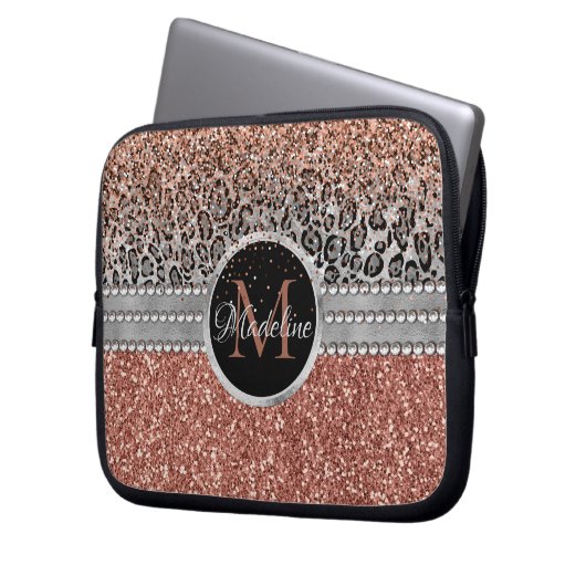Stilvolle Girly Rose Gold Glitzer Leopard Monogram Laptopschutzhülle (Vorderseite Links)