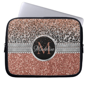 Stilvolle Girly Rose Gold Glitzer Leopard Monogram Laptopschutzhülle
