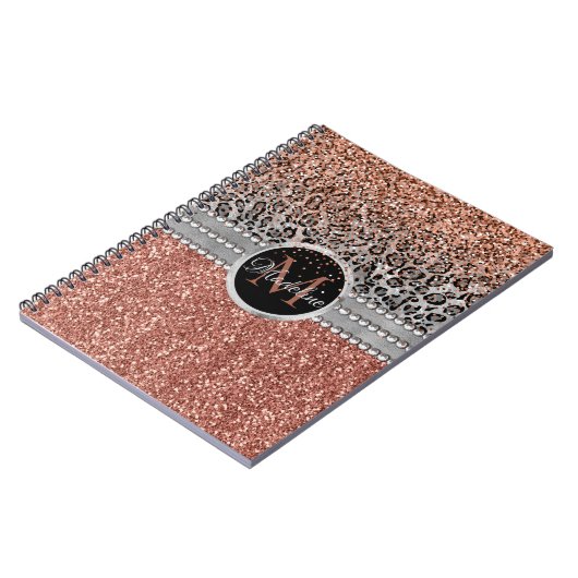 Stilvolle Girly Rose Gold Glitzer Leopard Monogram Notizblock (Linke Seite)
