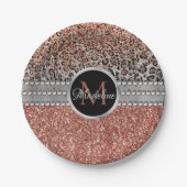 Stilvolle Girly Rose Gold Glitzer Leopard Monogram Pappteller (Vorderseite)