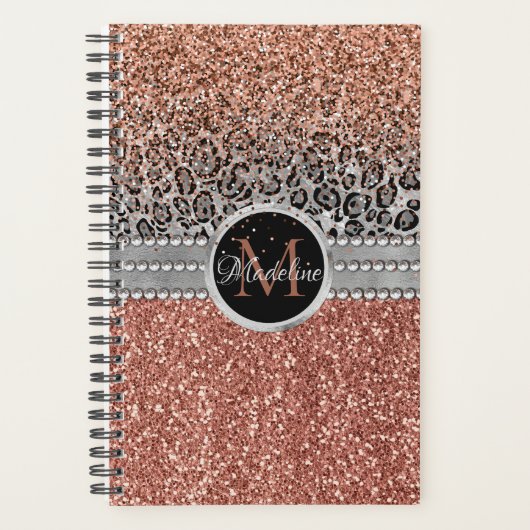 Stilvolle Girly Rose Gold Glitzer Leopard Monogram Planer (Vorderseite)